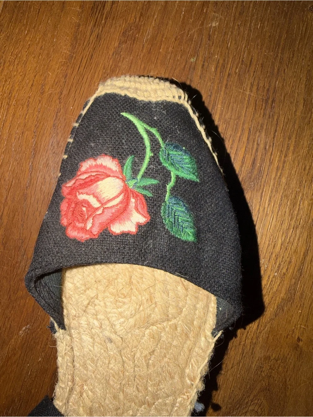 Soludos Black Espadrille Wedges with Pink Rose Embroidery
